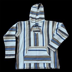 Señor Lopez Pullover Hoodie Mens Large L White Blue Gray Yel Striped Baja Surfer
